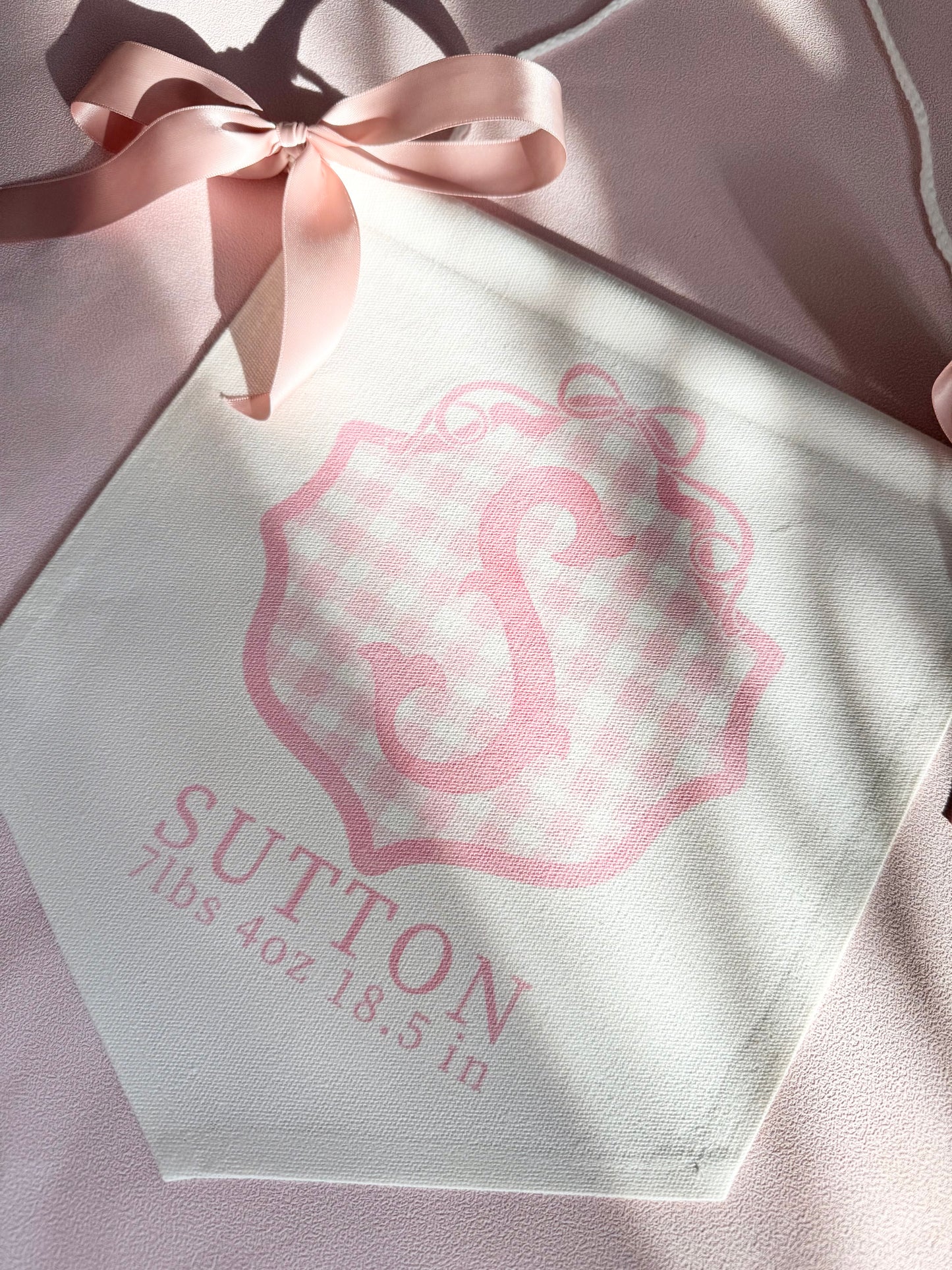 Personalized baby girl banner with floral crest design displayed on nursery crib custom name sign for baby shower gift idea unique newborn photo prop soft pink nursery wall decor for baby girl elegant custom baby name banner for crib or hospital door handmade baby girl room sign perfect for baby shower gift basket or first birthday photos custom heirloom nursery decoration for little girl timeless floral baby name sign for newborn announcement or photography backdrop girl wall nursery decor pink