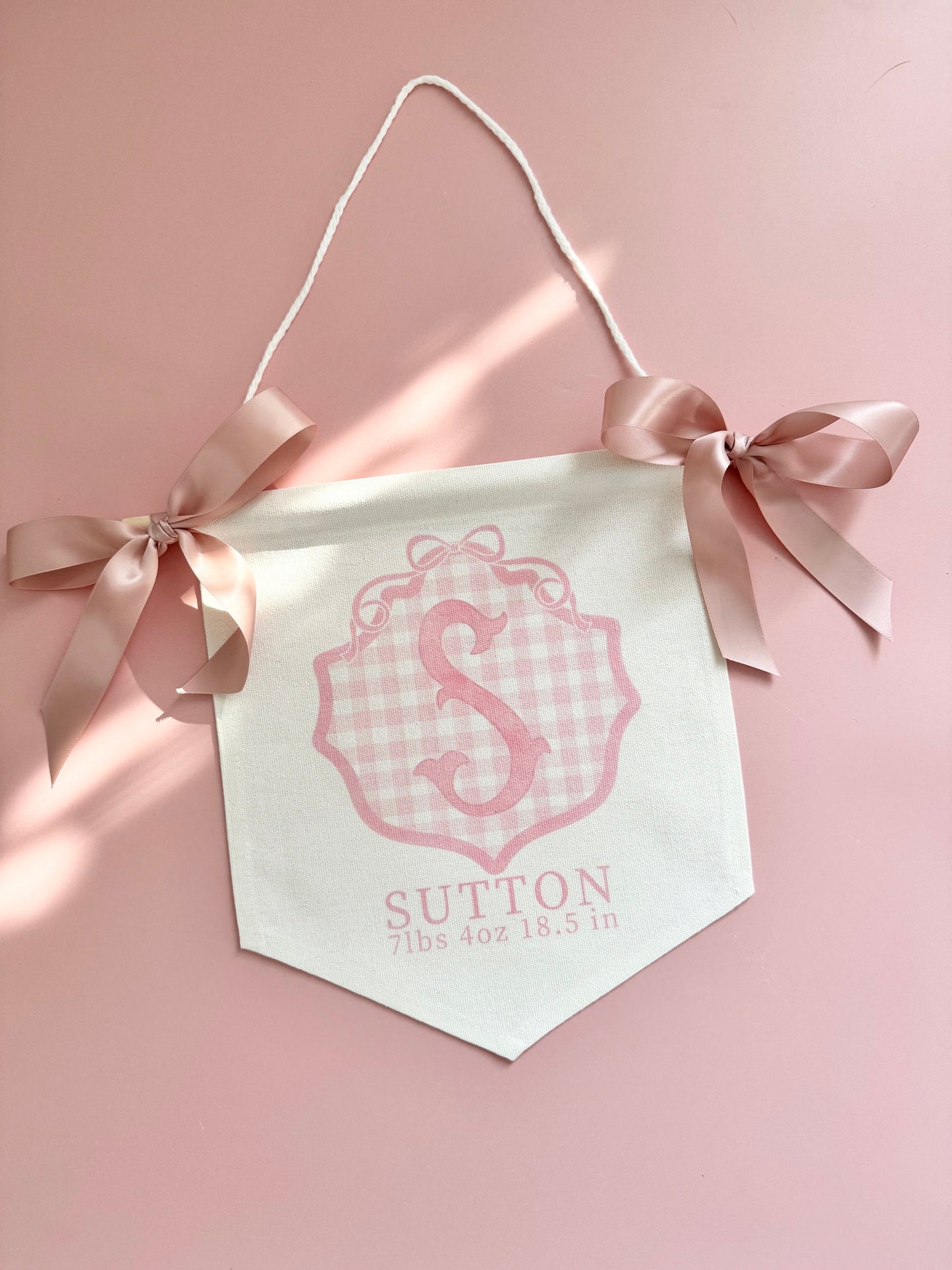 Personalized baby girl banner with floral crest design displayed on nursery crib custom name sign for baby shower gift idea unique newborn photo prop soft pink nursery wall decor for baby girl elegant custom baby name banner for crib or hospital door handmade baby girl room sign perfect for baby shower gift basket or first birthday photos custom heirloom nursery decoration for little girl timeless floral baby name sign for newborn announcement or photography backdrop girl wall nursery decor pink