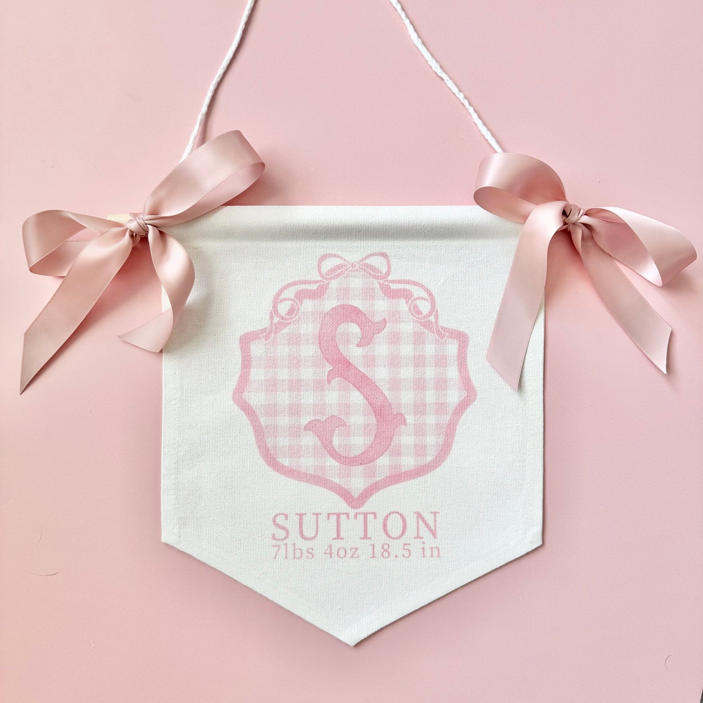 Personalized baby girl banner with floral crest design displayed on nursery crib custom name sign for baby shower gift idea unique newborn photo prop soft pink nursery wall decor for baby girl elegant custom baby name banner for crib or hospital door handmade baby girl room sign perfect for baby shower gift basket or first birthday photos custom heirloom nursery decoration for little girl timeless floral baby name sign for newborn announcement or photography backdrop girl wall nursery decor pink