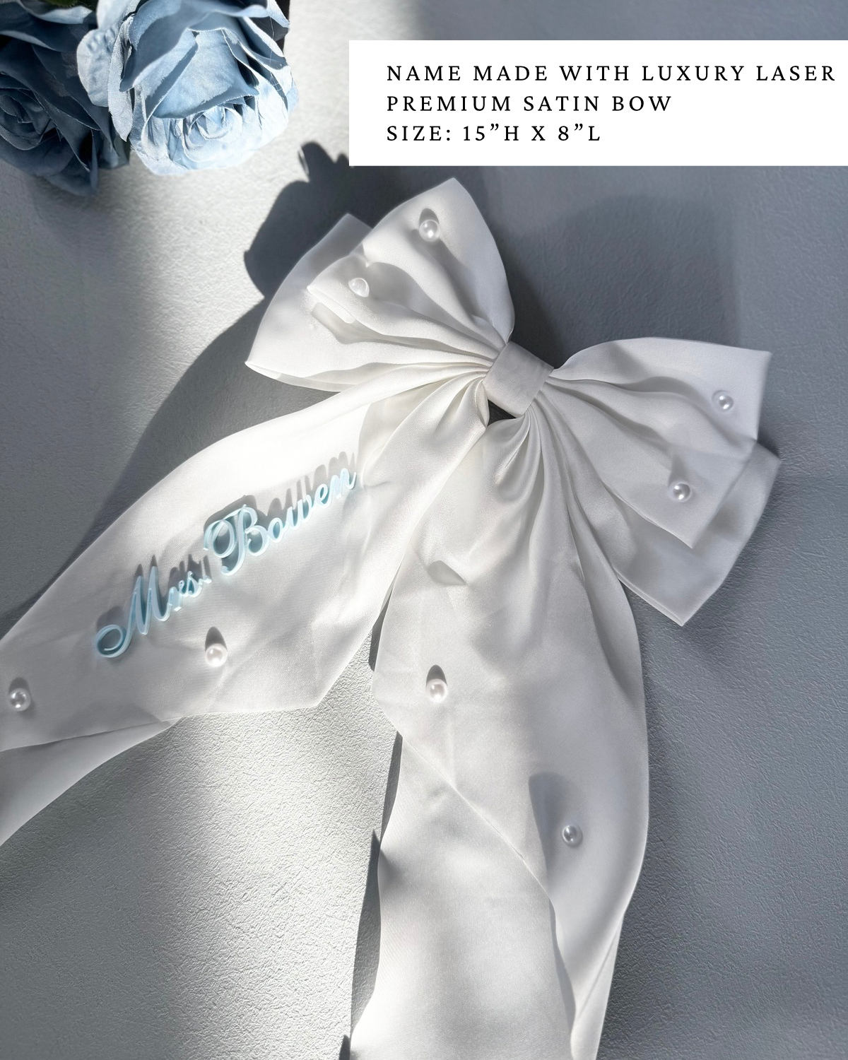 Personalized Bride Pearl Bow Hair Clip Custom Name Satin Hair Bow White Long Ribbon Barrette Bridal Party Accessory Wedding Hairpiece for Bride Bridesmaid Maid of Honor Elegant Half Updo Hair Accessory Gift Idea for Bridal Shower Bachelorette Bride to Be Keepsake Romantic Pearl Hair Bow for Wedding Day Bride Hairstyle Accessories Custom Satin Ribbon Name Hairpiece for Bride and Bridesmaid hair accessory for bride something blue bow with name bride keepsake gift for daughter wedding day hairpiece