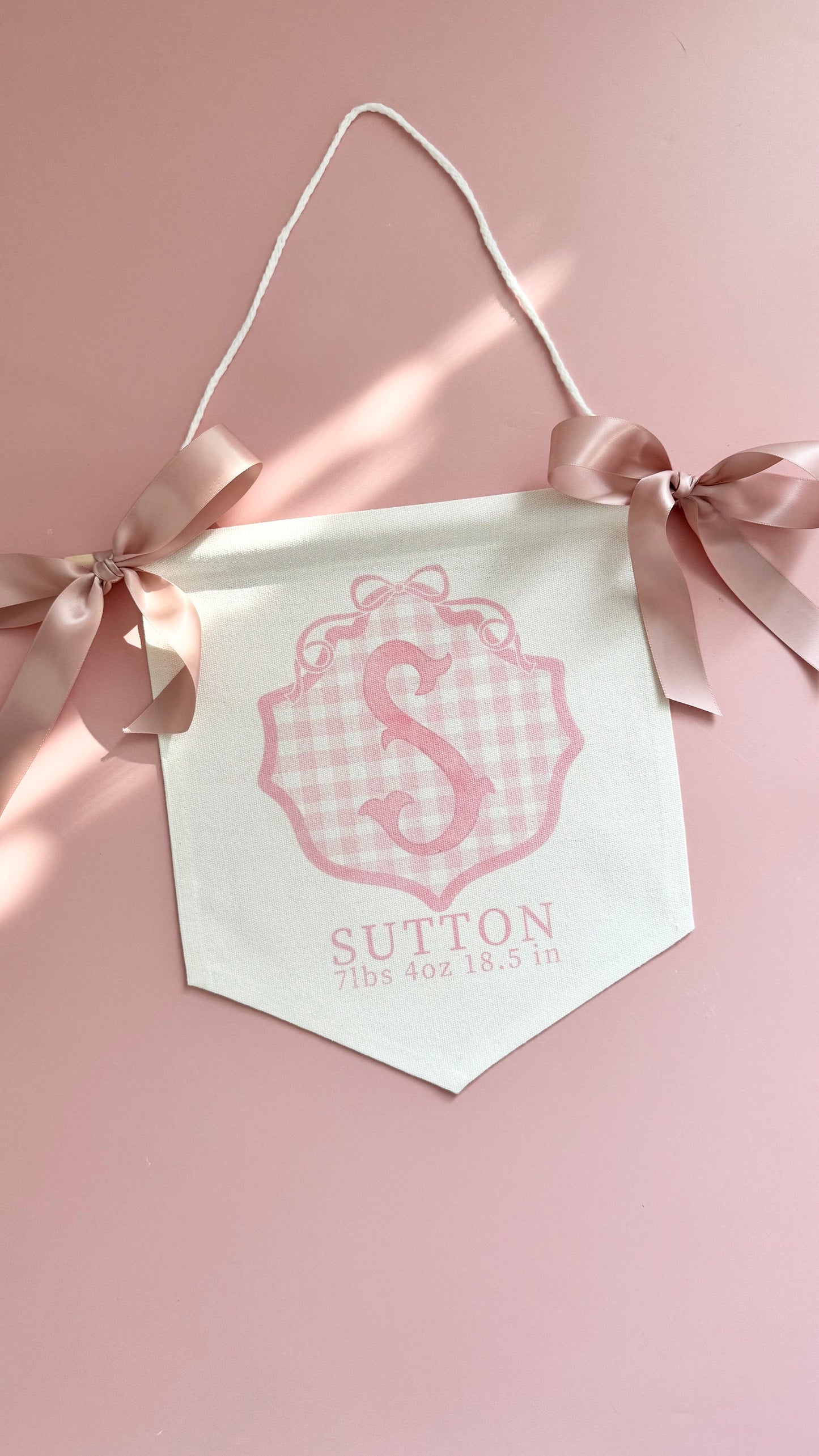 Personalized baby girl banner with floral crest design displayed on nursery crib custom name sign for baby shower gift idea unique newborn photo prop soft pink nursery wall decor for baby girl elegant custom baby name banner for crib or hospital door handmade baby girl room sign perfect for baby shower gift basket or first birthday photos custom heirloom nursery decoration for little girl timeless floral baby name sign for newborn announcement or photography backdrop girl wall nursery decor pink