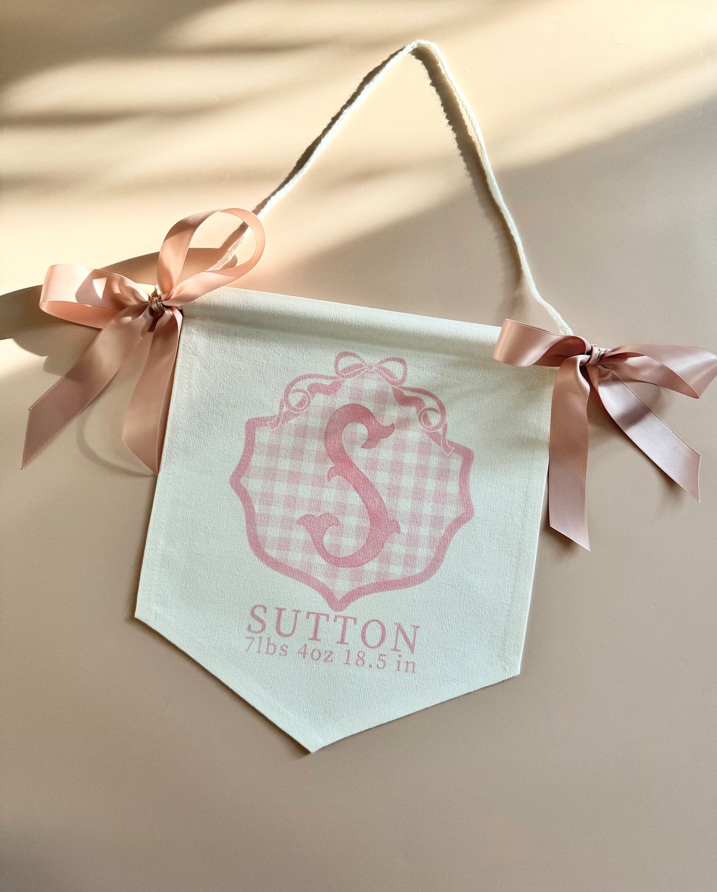 Personalized baby girl banner with floral crest design displayed on nursery crib custom name sign for baby shower gift idea unique newborn photo prop soft pink nursery wall decor for baby girl elegant custom baby name banner for crib or hospital door handmade baby girl room sign perfect for baby shower gift basket or first birthday photos custom heirloom nursery decoration for little girl timeless floral baby name sign for newborn announcement or photography backdrop girl wall nursery decor pink