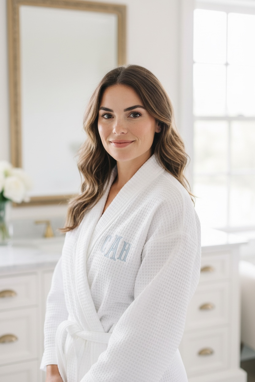 embroidered monogram waffle knit bridal robe personalized bride getting ready outfit custom initial bridesmaid robe wedding morning makeup cover up lightweight spa robe bachelorette party matching robes bridal party gift for her girl weekend spa robe custom wedding day loungewear monogrammed bridesmaid proposal gift white bridal shower gift personalized wedding keepsake robe custom embroidered initial robe custom initial for bride bridesmaid bachelorette party girl weekend matching robes gifts