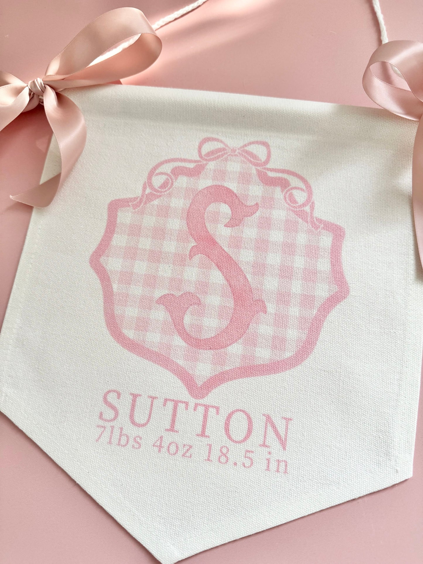 Personalized baby girl banner with floral crest design displayed on nursery crib custom name sign for baby shower gift idea unique newborn photo prop soft pink nursery wall decor for baby girl elegant custom baby name banner for crib or hospital door handmade baby girl room sign perfect for baby shower gift basket or first birthday photos custom heirloom nursery decoration for little girl timeless floral baby name sign for newborn announcement or photography backdrop girl wall nursery decor pink