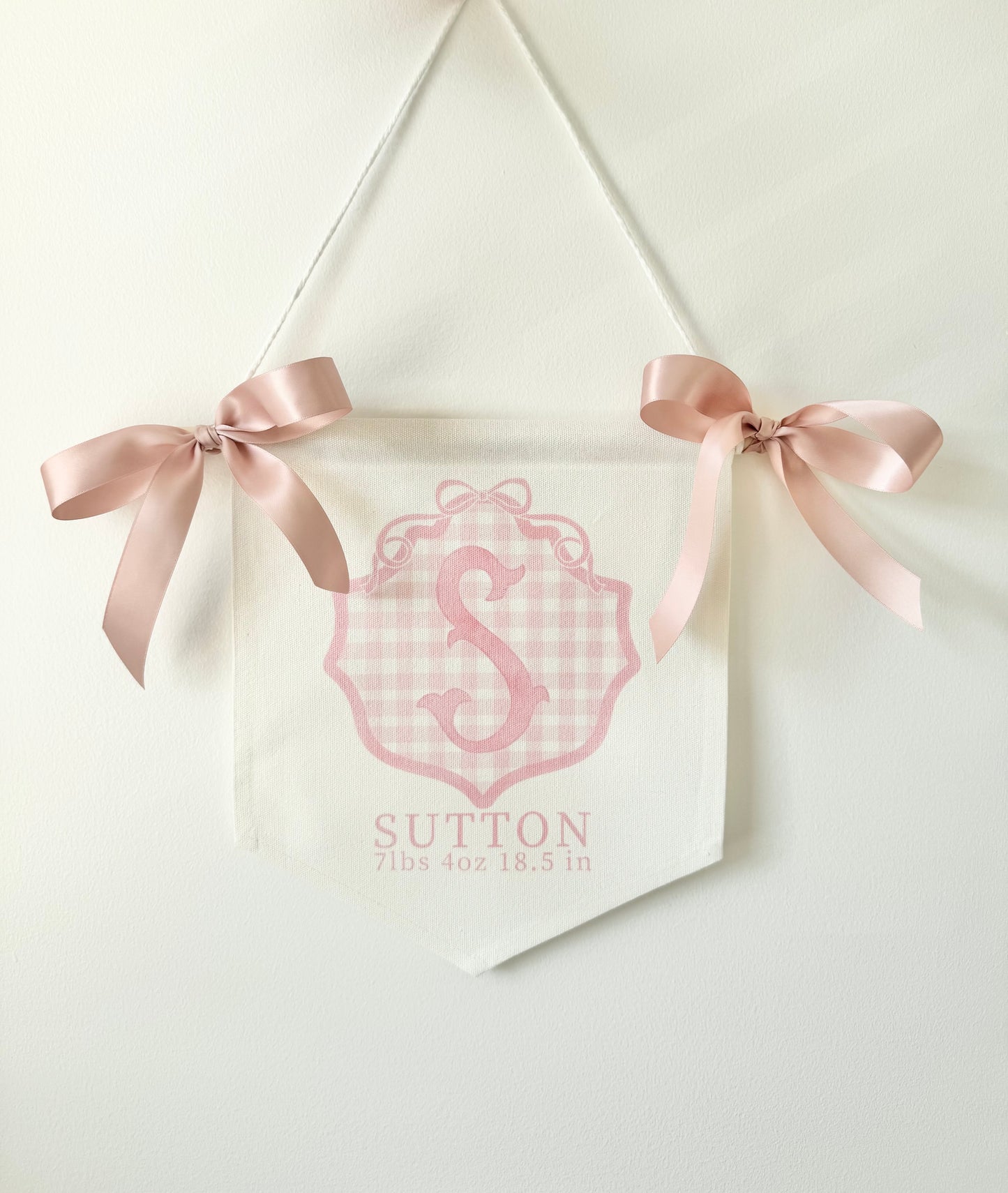 Personalized baby girl banner with floral crest design displayed on nursery crib custom name sign for baby shower gift idea unique newborn photo prop soft pink nursery wall decor for baby girl elegant custom baby name banner for crib or hospital door handmade baby girl room sign perfect for baby shower gift basket or first birthday photos custom heirloom nursery decoration for little girl timeless floral baby name sign for newborn announcement or photography backdrop girl wall nursery decor pink