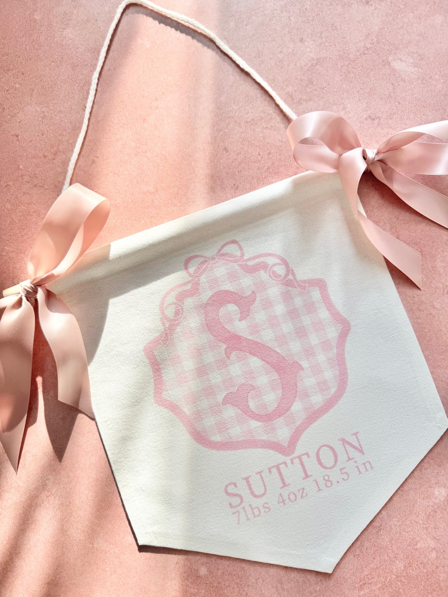 Personalized baby girl banner with floral crest design displayed on nursery crib custom name sign for baby shower gift idea unique newborn photo prop soft pink nursery wall decor for baby girl elegant custom baby name banner for crib or hospital door handmade baby girl room sign perfect for baby shower gift basket or first birthday photos custom heirloom nursery decoration for little girl timeless floral baby name sign for newborn announcement or photography backdrop girl wall nursery decor pink
