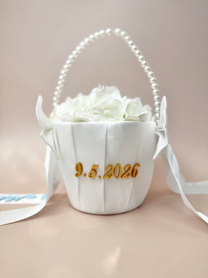 Custom flower girl basket white satin pearl flower girl basket personalized wedding basket toddler flower petal basket elegant wedding ceremony decor flower girl petal holder keepsake wedding accessory personalized flower girl gift white satin wedding flower basket with pearls handcrafted flower girl basket for toddler wedding ceremony flower petals basket personalized wedding keepsake basket flower girl decor for ceremony aisle elegant flower display basket wedding accessory for little girls