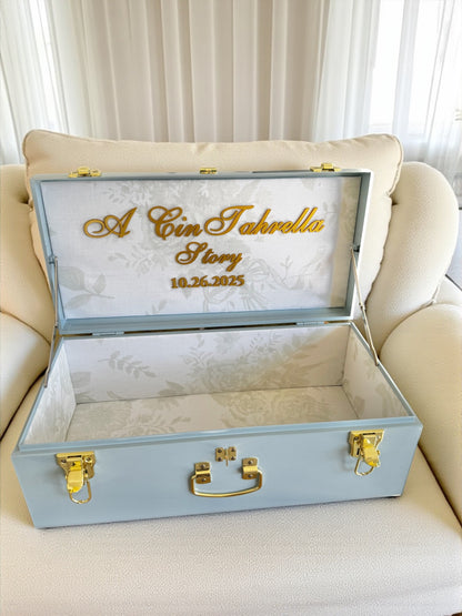 Bride keepsake trunk personalized with last name for bride to be wedding day gift something blue gift for daughter heirloom wedding memory box custom bridal gift box for wedding keepsakes unique wedding gift for bride from mom large keepsake box for wedding day mementos elegant personalized bride gift box with lid something blue bridal shower gift idea bride memory box with name custom heirloom trunk for wedding day storage beautiful keepsake box for bride to preserve wedding treasures for bride