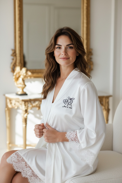 White Silk Lace Trim Bride Robe