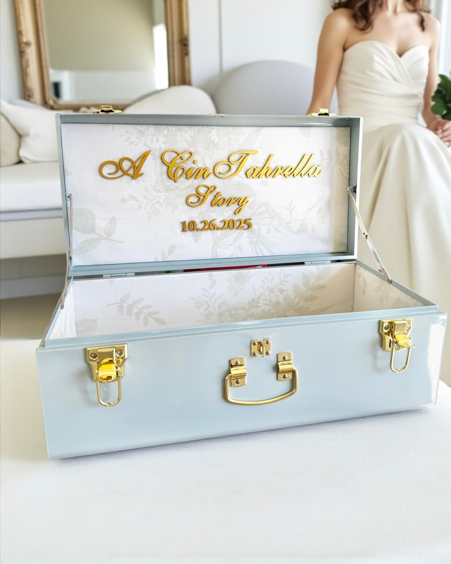 Bride keepsake trunk personalized with last name for bride to be wedding day gift something blue gift for daughter heirloom wedding memory box custom bridal gift box for wedding keepsakes unique wedding gift for bride from mom large keepsake box for wedding day mementos elegant personalized bride gift box with lid something blue bridal shower gift idea bride memory box with name custom heirloom trunk for wedding day storage beautiful keepsake box for bride to preserve wedding treasures for bride