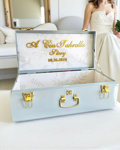 Bride keepsake trunk personalized with last name for bride to be wedding day gift something blue gift for daughter heirloom wedding memory box custom bridal gift box for wedding keepsakes unique wedding gift for bride from mom large keepsake box for wedding day mementos elegant personalized bride gift box with lid something blue bridal shower gift idea bride memory box with name custom heirloom trunk for wedding day storage beautiful keepsake box for bride to preserve wedding treasures for bride