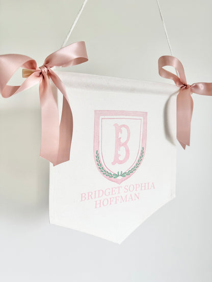 baby announcement banner girl baptism party decor for toddler first birthday pink banner canvas with name personalized bassinet sign monogram crest flag elegant nursery wall hanging custom baby shower decoration keepsake for newborn photo backdrop baptism reception decor toddler birthday banner personalized girl birthday banner baptism day celebration pink and white christening decoration custom monogrammed flag unique baby gift idea personalized banner for girls first birthday party decor pink