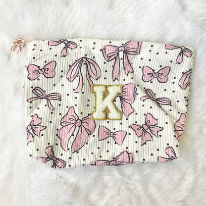 Pink Bow Letter Patch Cosmetic Bag