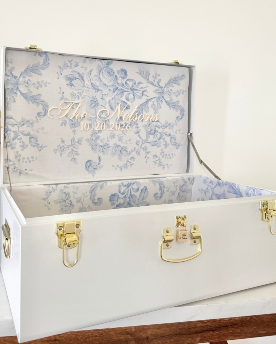 Bride keepsake trunk personalized with last name for bride to be wedding day gift something blue gift for daughter heirloom wedding memory box custom bridal gift box for wedding keepsakes unique wedding gift for bride from mom large keepsake box for wedding day mementos elegant personalized bride gift box with lid something blue bridal shower gift idea bride memory box with name custom heirloom trunk for wedding day storage beautiful keepsake box for bride to preserve wedding treasures for bride