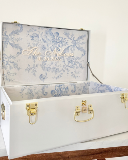 Bride keepsake trunk personalized with last name for bride to be wedding day gift something blue gift for daughter heirloom wedding memory box custom bridal gift box for wedding keepsakes unique wedding gift for bride from mom large keepsake box for wedding day mementos elegant personalized bride gift box with lid something blue bridal shower gift idea bride memory box with name custom heirloom trunk for wedding day storage beautiful keepsake box for bride to preserve wedding treasures for bride