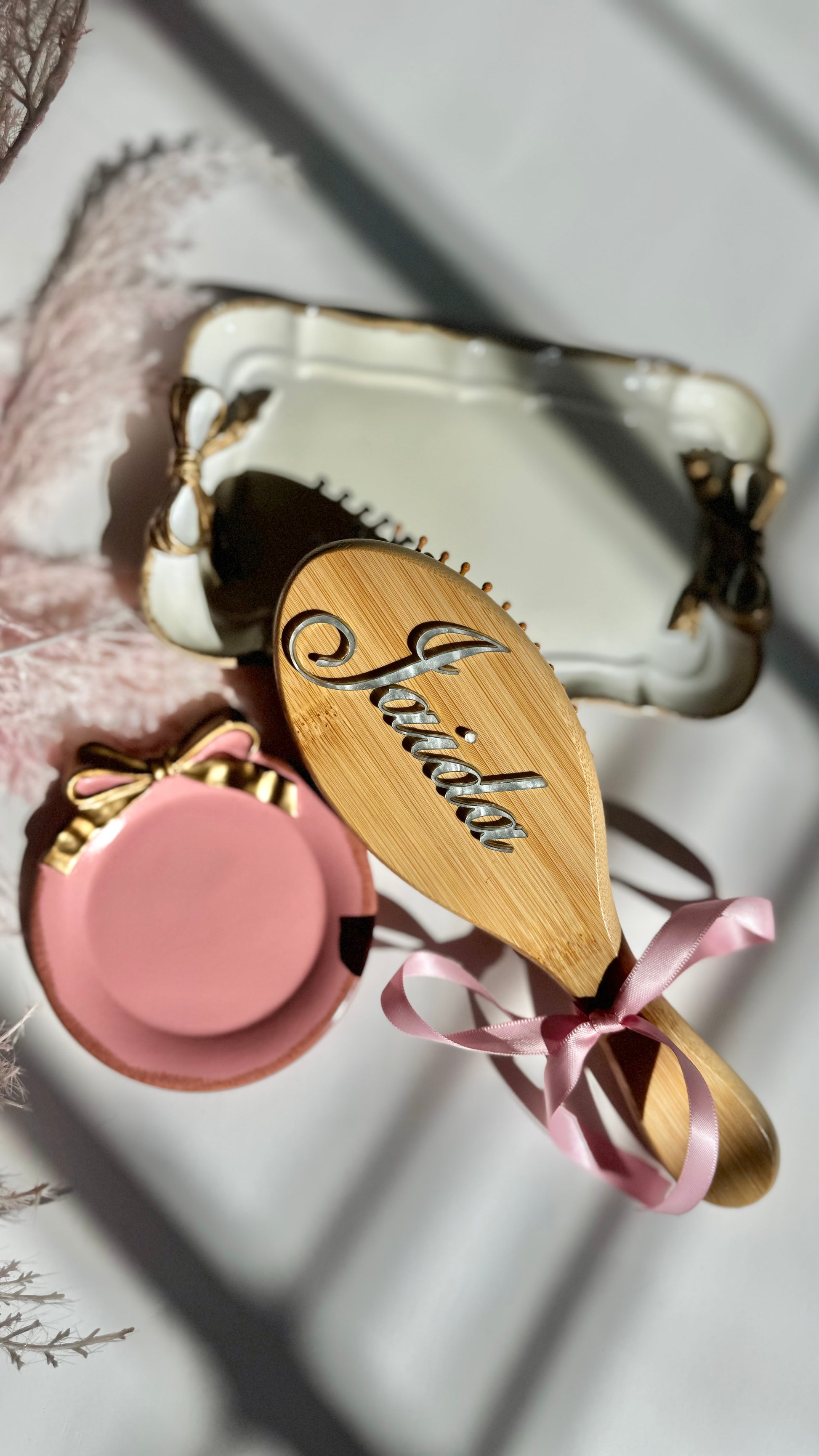 Custom Wood paddle brush gift set hair brush with name flat brush for daughter graduation gift hair brush with pink bow coquette hair brush gift for teen girl pamper party gift idea for bridesmaid gift self care hair brush party favor girl brush