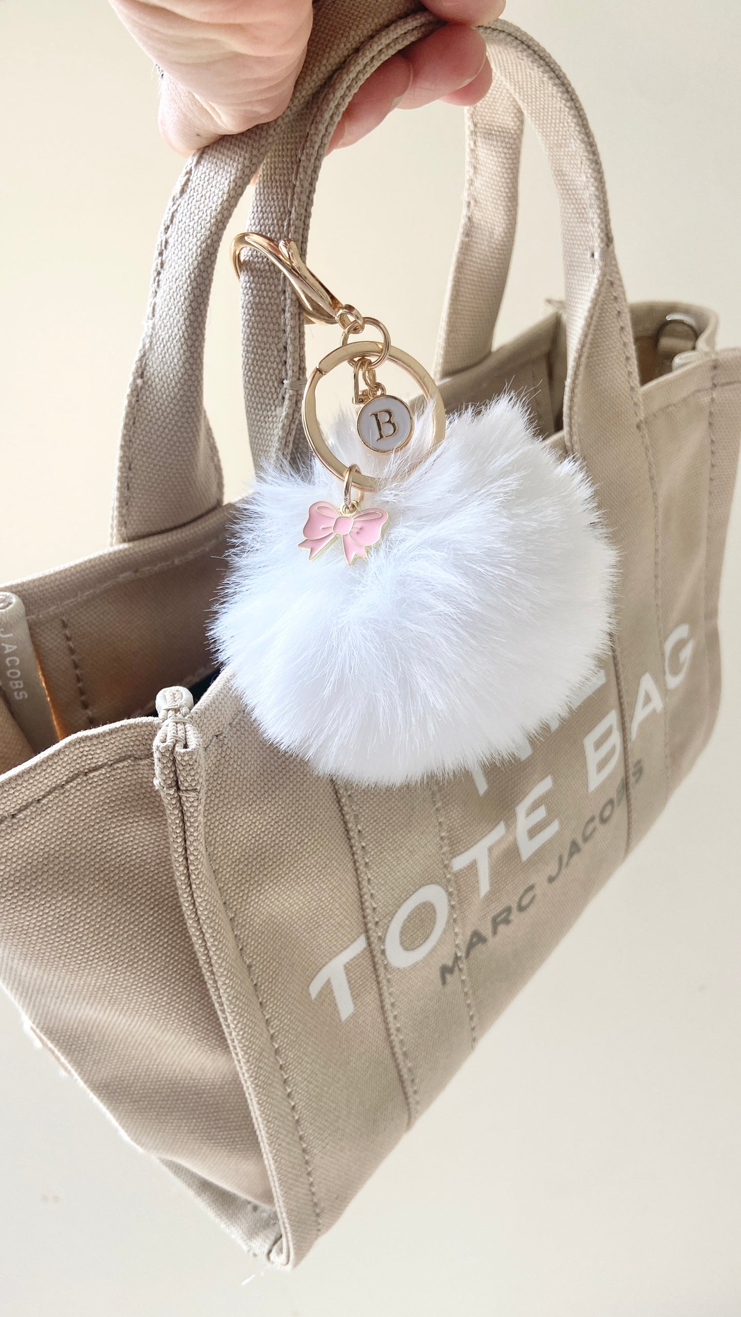 White Pom Pom Pink Bow Charm for The Tote Bag