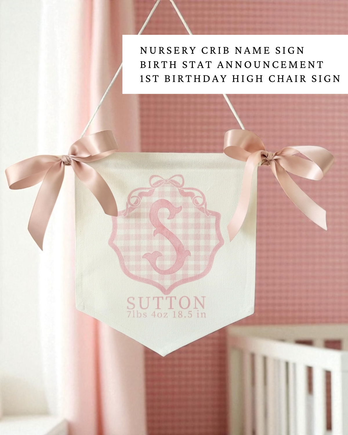 Personalized baby girl banner with floral crest design displayed on nursery crib custom name sign for baby shower gift idea unique newborn photo prop soft pink nursery wall decor for baby girl elegant custom baby name banner for crib or hospital door handmade baby girl room sign perfect for baby shower gift basket or first birthday photos custom heirloom nursery decoration for little girl timeless floral baby name sign for newborn announcement or photography backdrop girl wall nursery decor pink