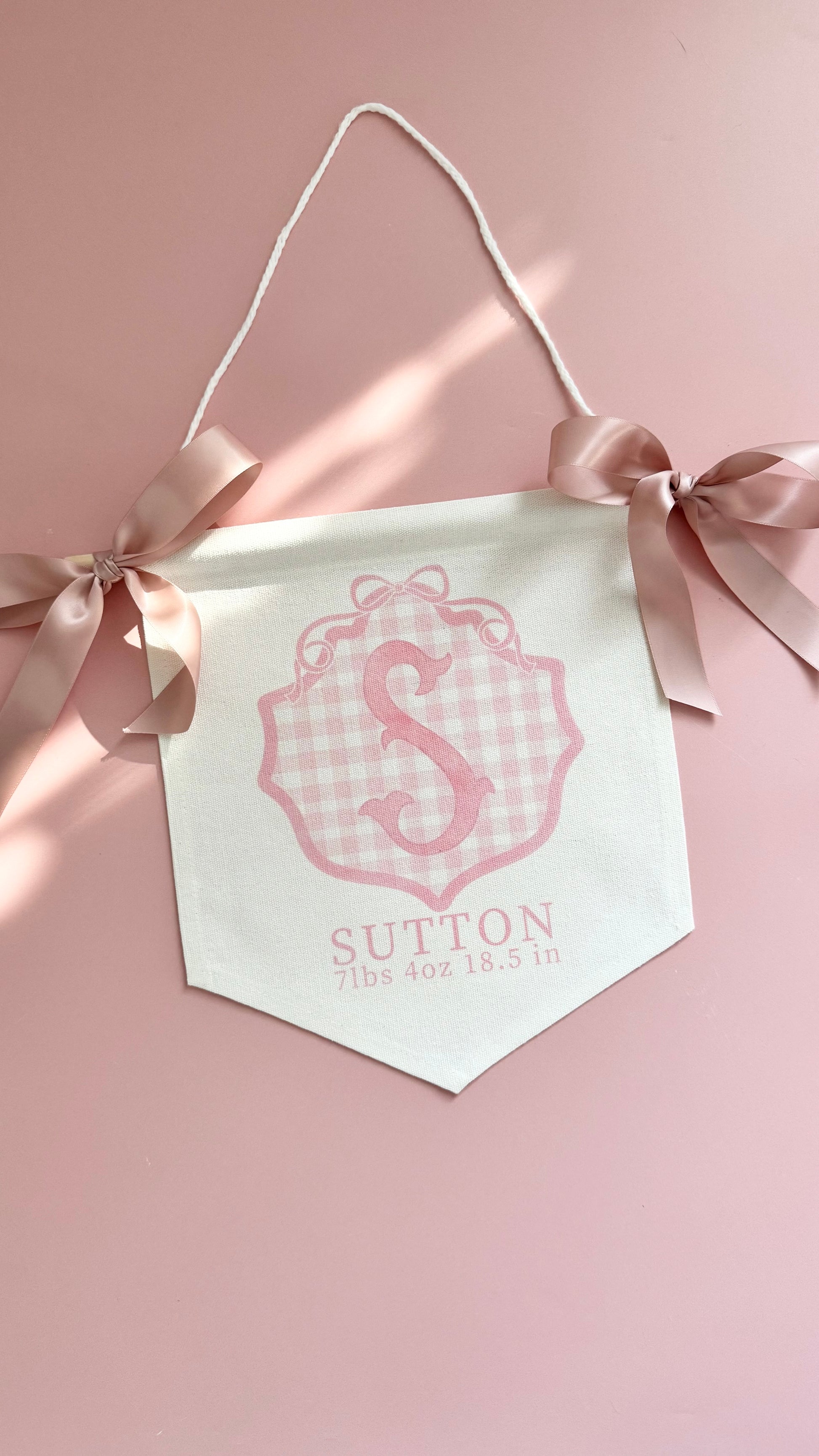 Personalized baby girl banner with floral crest design displayed on nursery crib custom name sign for baby shower gift idea unique newborn photo prop soft pink nursery wall decor for baby girl elegant custom baby name banner for crib or hospital door handmade baby girl room sign perfect for baby shower gift basket or first birthday photos custom heirloom nursery decoration for little girl timeless floral baby name sign for newborn announcement or photography backdrop girl wall nursery decor pink
