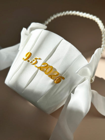 Custom flower girl basket white satin pearl flower girl basket personalized wedding basket toddler flower petal basket elegant wedding ceremony decor flower girl petal holder keepsake wedding accessory personalized flower girl gift white satin wedding flower basket with pearls handcrafted flower girl basket for toddler wedding ceremony flower petals basket personalized wedding keepsake basket flower girl decor for ceremony aisle elegant flower display basket wedding accessory for little girls