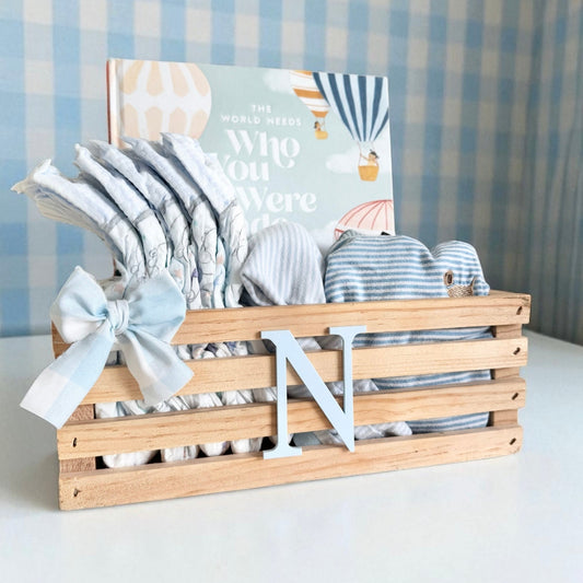Personalized wooden baby gift basket with initial for boy baby shower empty gift box for DIY baby sprinkle gift idea diaper caddy nursery storage bin baby boy room decor blue gingham baby boy book holder crate for baby shower centerpiece custom baby name keepsake box newborn boy gift basket container wood crate with ribbon bow rustic baby shower decor baby boy diaper organizer custom baby gift idea baby shower display basket wooden nursery book bin baby shower table decor blue gingham pink decor