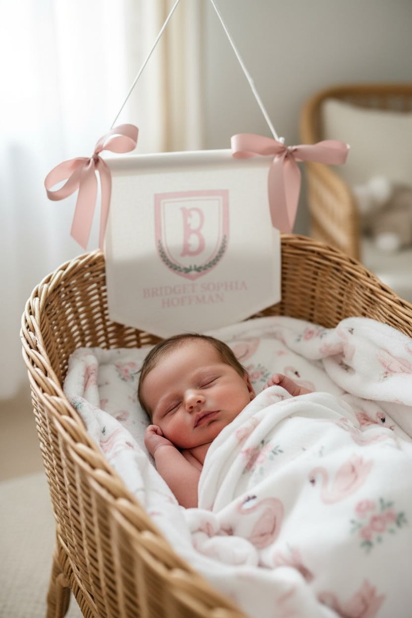 baby announcement banner girl baptism party decor for toddler first birthday pink banner canvas with name personalized bassinet sign monogram crest flag elegant nursery wall hanging custom baby shower decoration keepsake for newborn photo backdrop baptism reception decor toddler birthday banner personalized girl birthday banner baptism day celebration pink and white christening decoration custom monogrammed flag unique baby gift idea personalized banner for girls first birthday party decor pink