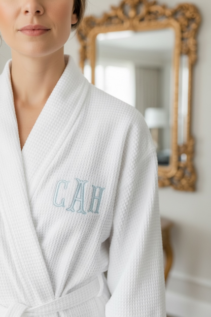 embroidered monogram waffle knit bridal robe personalized bride getting ready outfit custom initial bridesmaid robe wedding morning makeup cover up lightweight spa robe bachelorette party matching robes bridal party gift for her girl weekend spa robe custom wedding day loungewear monogrammed bridesmaid proposal gift white bridal shower gift personalized wedding keepsake robe custom embroidered initial robe custom initial for bride bridesmaid bachelorette party girl weekend matching robes gifts