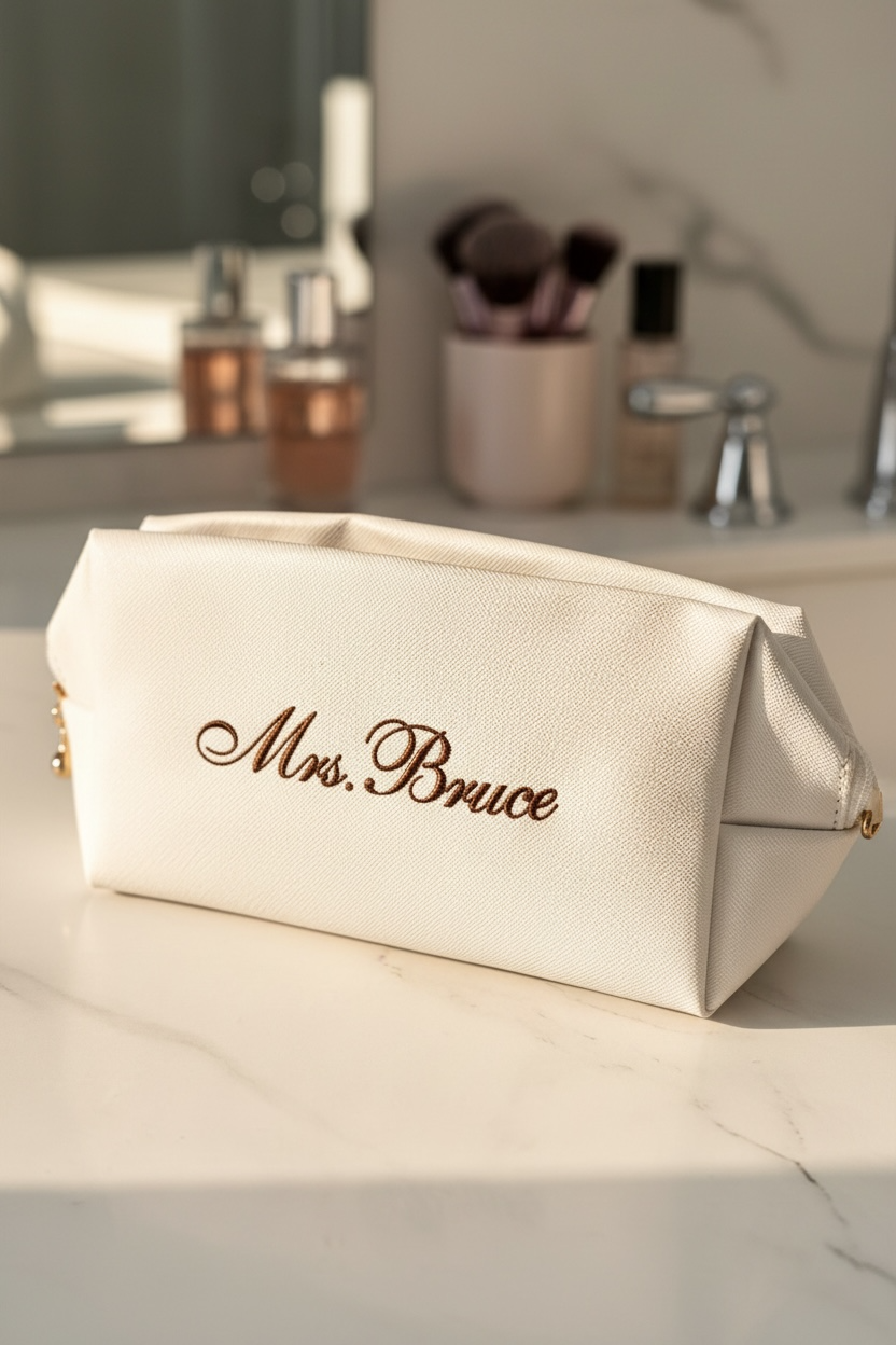 Bride makeup bag wedding day cosmetic pouch for bride getting ready gift bridal shower engagement present honeymoon travel toiletry bag white bride clutch personalized bridal party matching makeup bags for bridesmaids maid of honor gift best friend wedding keepsake cosmetic organizer for wedding morning flat lay white bridal makeup pouch with zipper elegant bride accessories photography prop for wedding day cosmetic bag makeup holder bride engagement gift best friend future Mrs unique gift idea