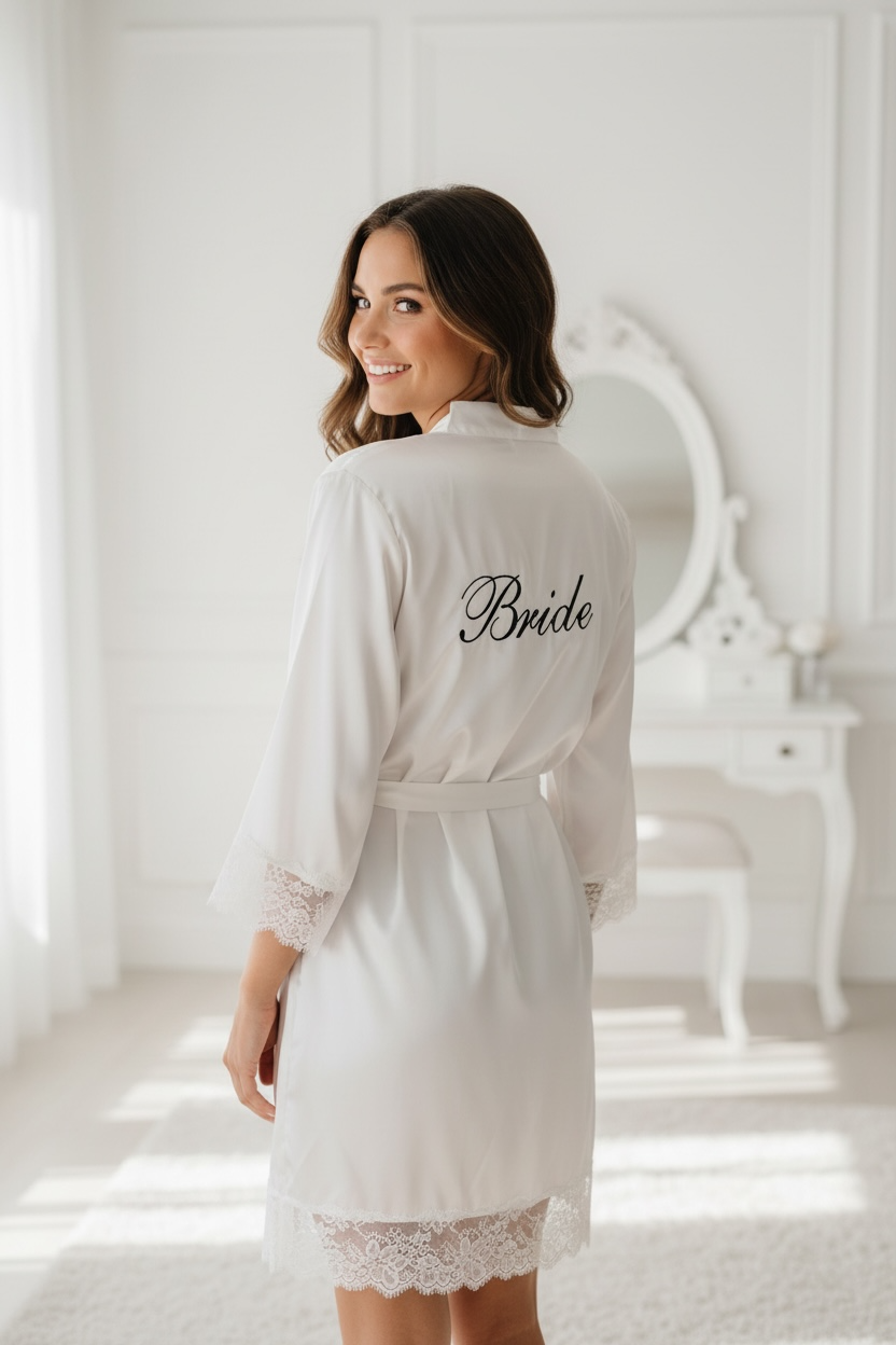 Bride Personalized White Silk Robe Monogram Bridal Shower Gift Bride to Be Future Mrs Wedding Day Robe Best Friend Engagement Something Blue personalized white silk bride robe custom bride robe with name bridal shower gift for bride to be future mrs wedding day robe luxury silk getting ready robe engagement gift for bride monogram bridal robe something blue bridal robe wedding morning robe for bride personalized bridal keepsake gift best friend bride gift daughter wedding gift elegant bride gift