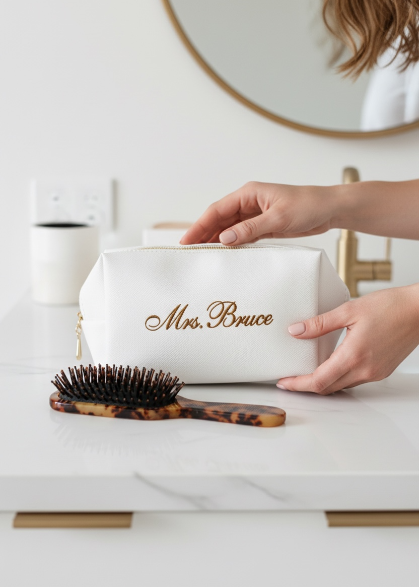 Bride makeup bag wedding day cosmetic pouch for bride getting ready gift bridal shower engagement present honeymoon travel toiletry bag white bride clutch personalized bridal party matching makeup bags for bridesmaids maid of honor gift best friend wedding keepsake cosmetic organizer for wedding morning flat lay white bridal makeup pouch with zipper elegant bride accessories photography prop for wedding day cosmetic bag makeup holder bride engagement gift best friend future Mrs unique gift idea