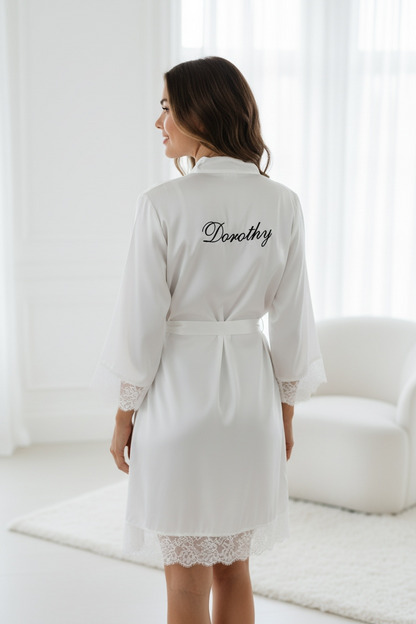 Bride Personalized White Silk Robe Monogram Bridal Shower Gift Bride to Be Future Mrs Wedding Day Robe Best Friend Engagement Something Blue personalized white silk bride robe custom bride robe with name bridal shower gift for bride to be future mrs wedding day robe luxury silk getting ready robe engagement gift for bride monogram bridal robe something blue bridal robe wedding morning robe for bride personalized bridal keepsake gift best friend bride gift daughter wedding gift elegant bride gift