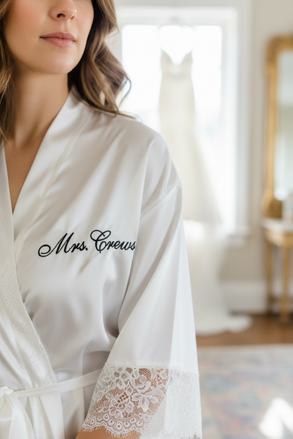 Bride Personalized White Silk Robe Monogram Bridal Shower Gift Bride to Be Future Mrs Wedding Day Robe Best Friend Engagement Something Blue personalized white silk bride robe custom bride robe with name bridal shower gift for bride to be future mrs wedding day robe luxury silk getting ready robe engagement gift for bride monogram bridal robe something blue bridal robe wedding morning robe for bride personalized bridal keepsake gift best friend bride gift daughter wedding gift elegant bride gift