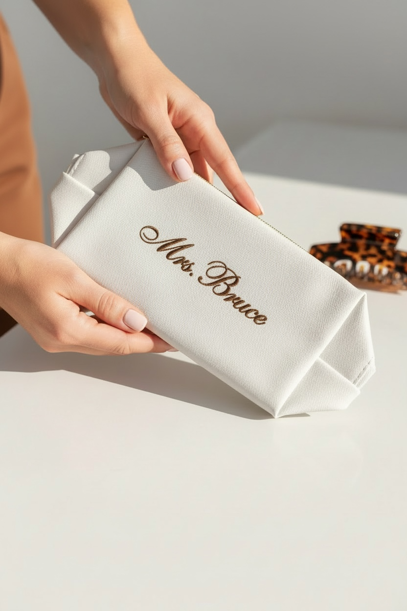 Bride makeup bag wedding day cosmetic pouch for bride getting ready gift bridal shower engagement present honeymoon travel toiletry bag white bride clutch personalized bridal party matching makeup bags for bridesmaids maid of honor gift best friend wedding keepsake cosmetic organizer for wedding morning flat lay white bridal makeup pouch with zipper elegant bride accessories photography prop for wedding day cosmetic bag makeup holder bride engagement gift best friend future Mrs unique gift idea