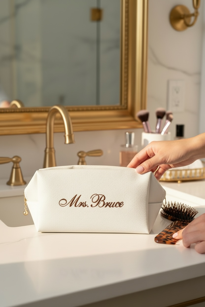 Bride makeup bag wedding day cosmetic pouch for bride getting ready gift bridal shower engagement present honeymoon travel toiletry bag white bride clutch personalized bridal party matching makeup bags for bridesmaids maid of honor gift best friend wedding keepsake cosmetic organizer for wedding morning flat lay white bridal makeup pouch with zipper elegant bride accessories photography prop for wedding day cosmetic bag makeup holder bride engagement gift best friend future Mrs unique gift idea
