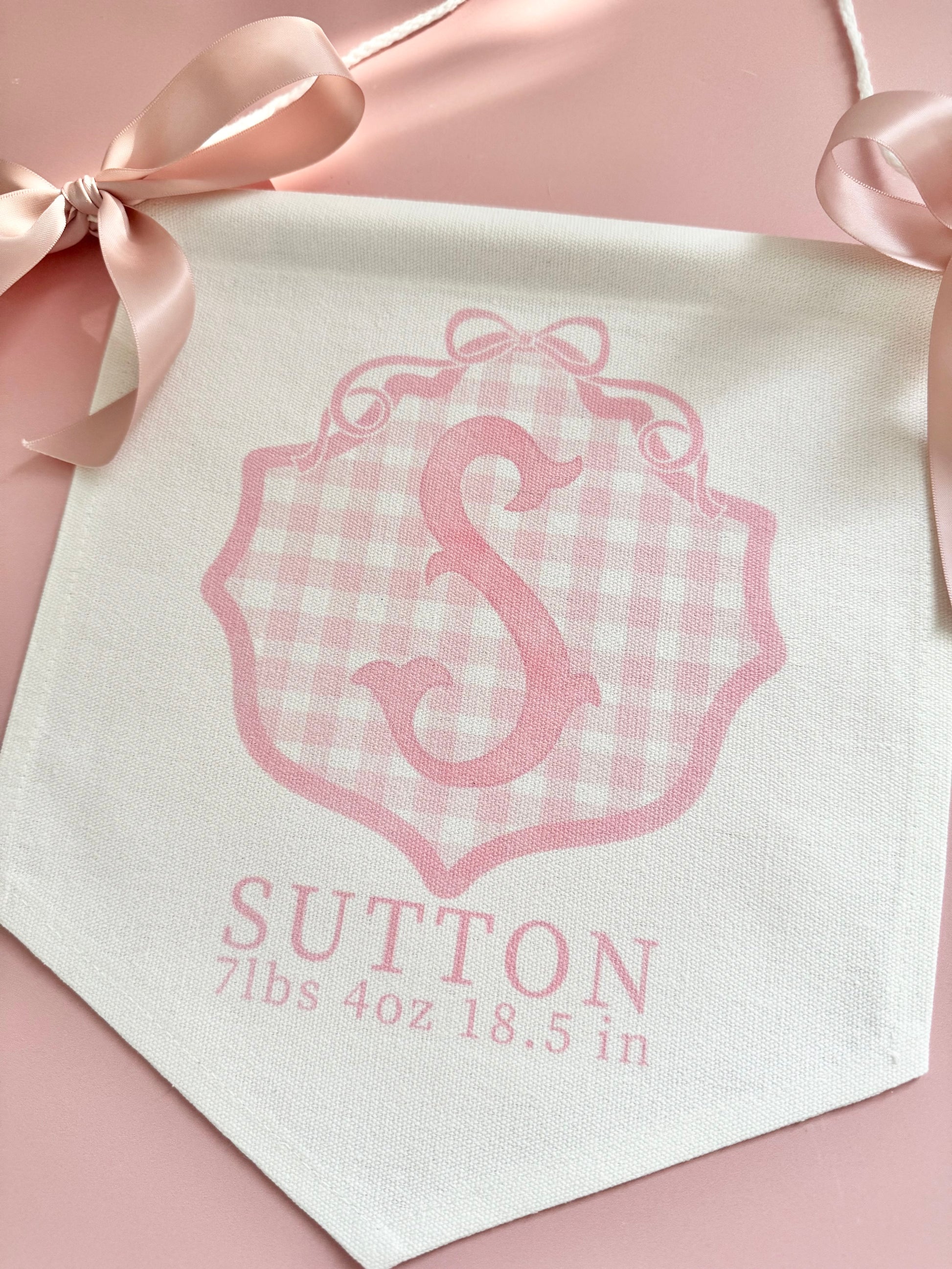 Personalized baby girl banner with floral crest design displayed on nursery crib custom name sign for baby shower gift idea unique newborn photo prop soft pink nursery wall decor for baby girl elegant custom baby name banner for crib or hospital door handmade baby girl room sign perfect for baby shower gift basket or first birthday photos custom heirloom nursery decoration for little girl timeless floral baby name sign for newborn announcement or photography backdrop girl wall nursery decor pink