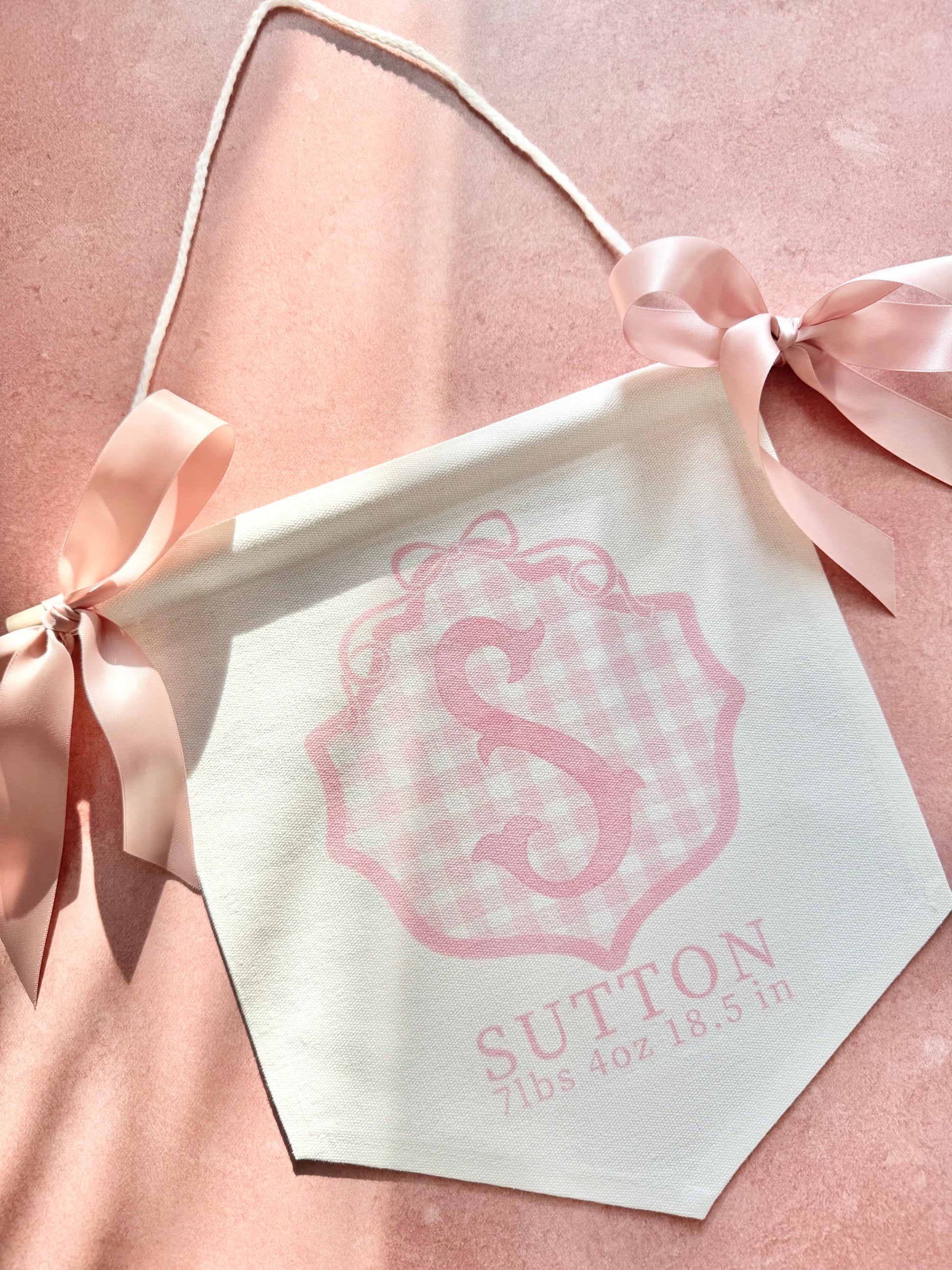 Personalized baby girl banner with floral crest design displayed on nursery crib custom name sign for baby shower gift idea unique newborn photo prop soft pink nursery wall decor for baby girl elegant custom baby name banner for crib or hospital door handmade baby girl room sign perfect for baby shower gift basket or first birthday photos custom heirloom nursery decoration for little girl timeless floral baby name sign for newborn announcement or photography backdrop girl wall nursery decor pink