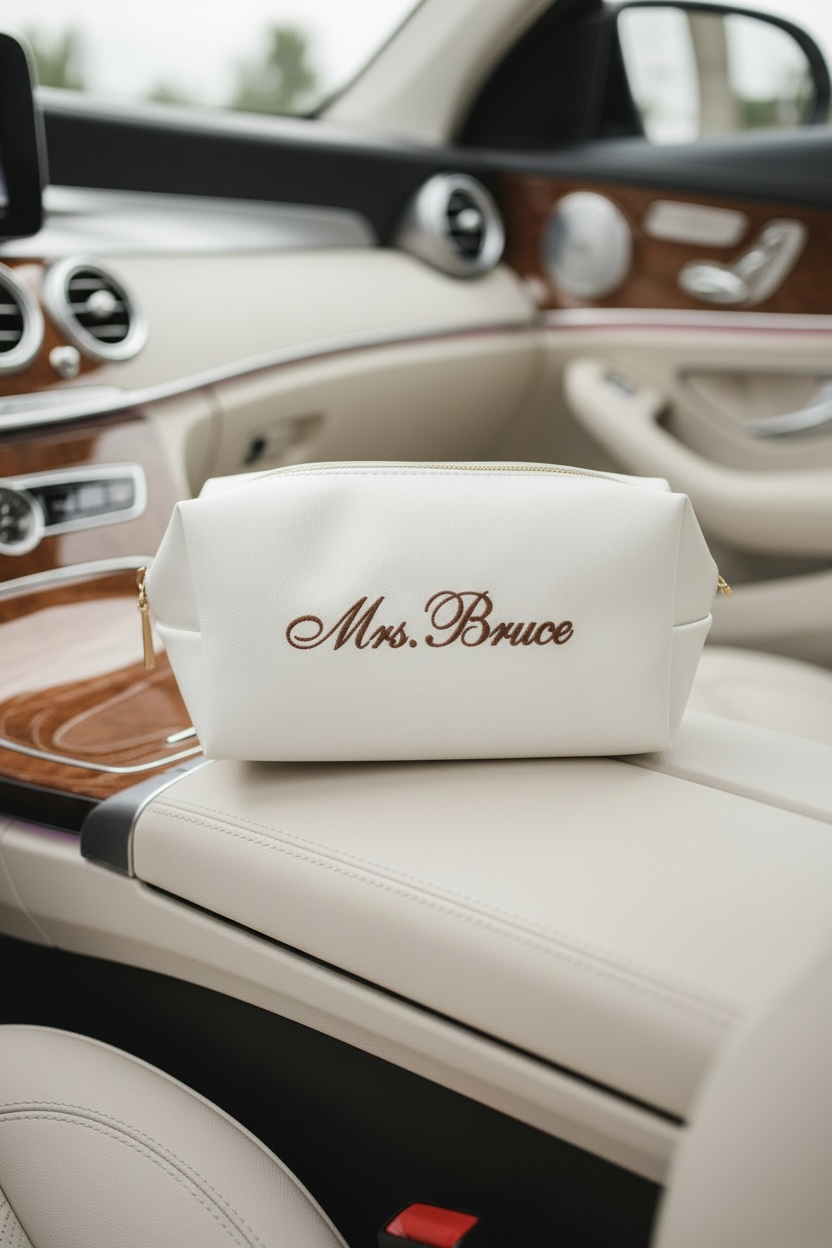 Bride makeup bag wedding day cosmetic pouch for bride getting ready gift bridal shower engagement present honeymoon travel toiletry bag white bride clutch personalized bridal party matching makeup bags for bridesmaids maid of honor gift best friend wedding keepsake cosmetic organizer for wedding morning flat lay white bridal makeup pouch with zipper elegant bride accessories photography prop for wedding day cosmetic bag makeup holder bride engagement gift best friend future Mrs unique gift idea