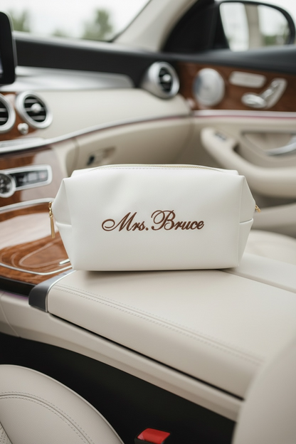 Bride makeup bag wedding day cosmetic pouch for bride getting ready gift bridal shower engagement present honeymoon travel toiletry bag white bride clutch personalized bridal party matching makeup bags for bridesmaids maid of honor gift best friend wedding keepsake cosmetic organizer for wedding morning flat lay white bridal makeup pouch with zipper elegant bride accessories photography prop for wedding day cosmetic bag makeup holder bride engagement gift best friend future Mrs unique gift idea