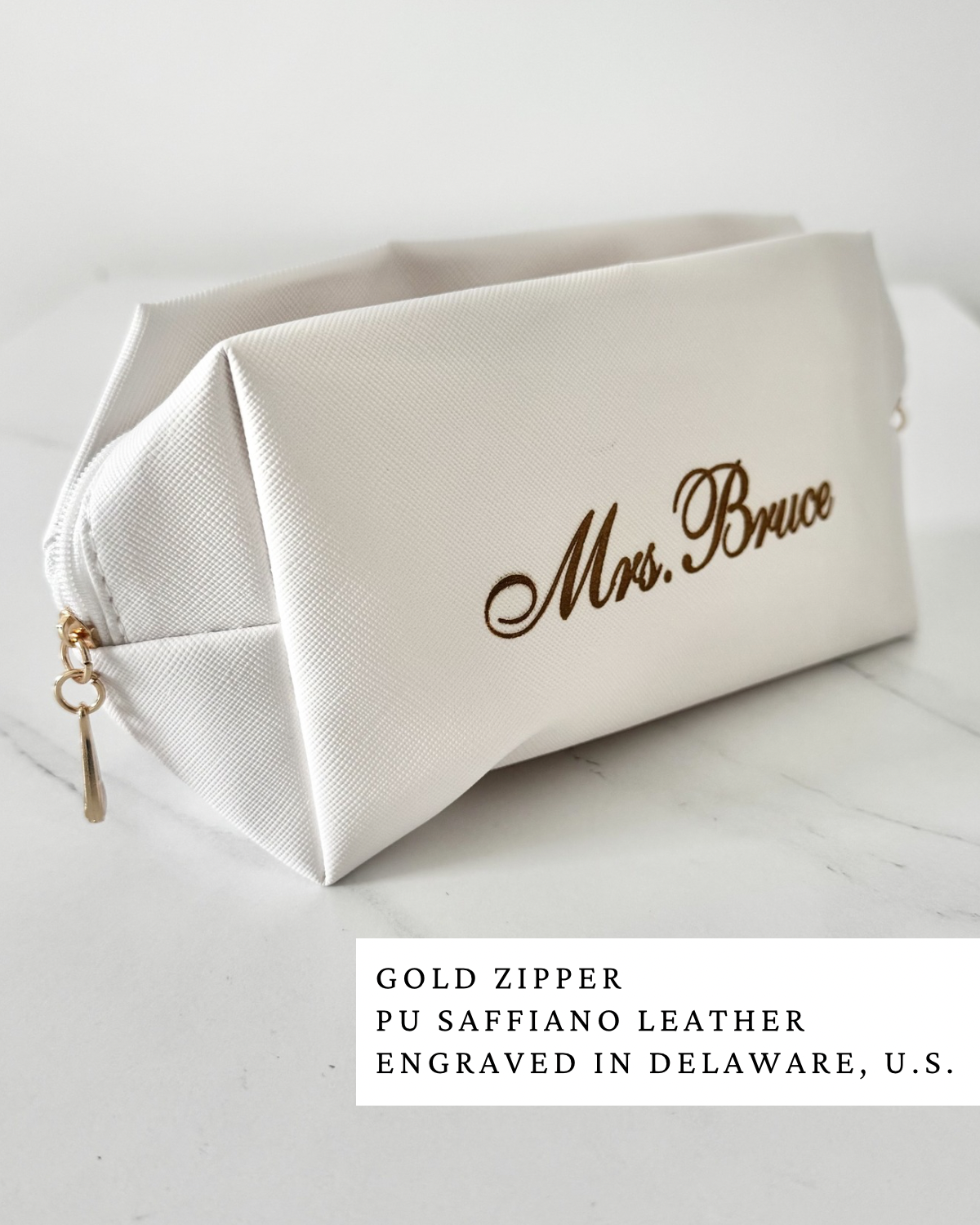 Bride makeup bag wedding day cosmetic pouch for bride getting ready gift bridal shower engagement present honeymoon travel toiletry bag white bride clutch personalized bridal party matching makeup bags for bridesmaids maid of honor gift best friend wedding keepsake cosmetic organizer for wedding morning flat lay white bridal makeup pouch with zipper elegant bride accessories photography prop for wedding day cosmetic bag makeup holder bride engagement gift best friend future Mrs unique gift idea