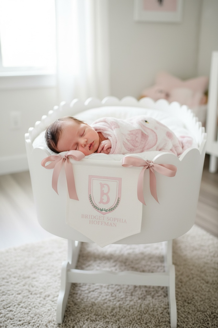 baby announcement banner girl baptism party decor for toddler first birthday pink banner canvas with name personalized bassinet sign monogram crest flag elegant nursery wall hanging custom baby shower decoration keepsake for newborn photo backdrop baptism reception decor toddler birthday banner personalized girl birthday banner baptism day celebration pink and white christening decoration custom monogrammed flag unique baby gift idea personalized banner for girls first birthday party decor pink