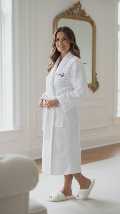 Initial Robe Embroidered Women Waffle Knit