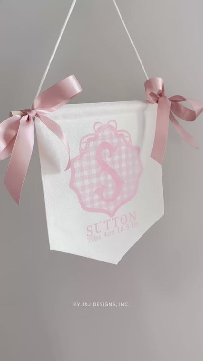 Personalized baby girl banner with floral crest design displayed on nursery crib custom name sign for baby shower gift idea unique newborn photo prop soft pink nursery wall decor for baby girl elegant custom baby name banner for crib or hospital door handmade baby girl room sign perfect for baby shower gift basket or first birthday photos custom heirloom nursery decoration for little girl timeless floral baby name sign for newborn announcement or photography backdrop girl wall nursery decor pink